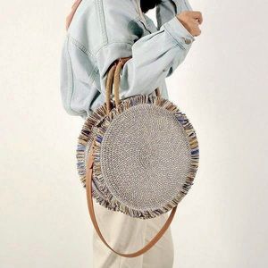 Urban Expressions Round Woven Shoulder Bag - Tan and Blue